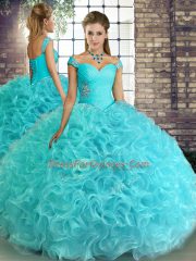 Nice Off The Shoulder Sleeveless Quinceanera Dresses Floor Length Beading Aqua Blue Fabric With Rolling Flowers
