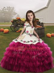 Dazzling Organza Spaghetti Straps Sleeveless Lace Up Embroidery and Ruffled Layers Kids Pageant Dress in Fuchsia