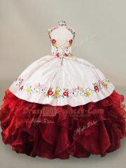 Sophisticated Sleeveless Organza Floor Length Lace Up Quinceanera Dress in Red with Embroidery and Ruffles
