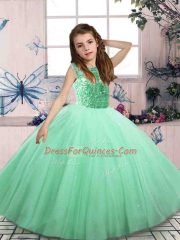 High End Mini Length Lace Up Little Girls Pageant Gowns Apple Green for Party and Wedding Party with Beading