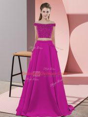 Fantastic Off The Shoulder Sleeveless Sweep Train Backless Dress for Prom Fuchsia Elastic Woven Satin