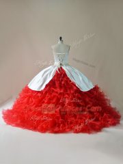 Floor Length Lace Up Quince Ball Gowns White And Red for Sweet 16 and Quinceanera with Embroidery and Ruffles Brush Train