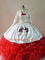 Floor Length Lace Up Quince Ball Gowns White And Red for Sweet 16 and Quinceanera with Embroidery and Ruffles Brush Train