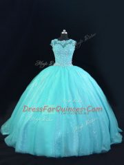 Aqua Blue Vestidos de Quinceanera Sweet 16 and Quinceanera with Beading and Lace Scoop Sleeveless Lace Up