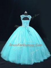 Aqua Blue Vestidos de Quinceanera Sweet 16 and Quinceanera with Beading and Lace Scoop Sleeveless Lace Up