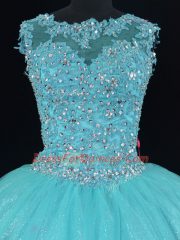 Aqua Blue Vestidos de Quinceanera Sweet 16 and Quinceanera with Beading and Lace Scoop Sleeveless Lace Up