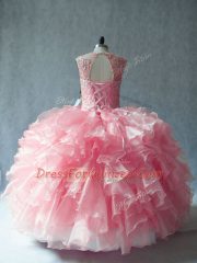Pink Sleeveless Beading and Ruffles Lace Up Quinceanera Gowns
