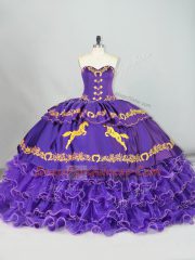 Customized Purple Ball Gowns Sweetheart Sleeveless Satin and Organza Brush Train Lace Up Embroidery and Ruffled Layers Sweet 16 Quinceanera Dress