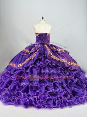 Customized Purple Ball Gowns Sweetheart Sleeveless Satin and Organza Brush Train Lace Up Embroidery and Ruffled Layers Sweet 16 Quinceanera Dress