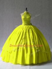 Modest Ball Gowns Quinceanera Dress Yellow Green Halter Top Tulle Sleeveless Floor Length Lace Up