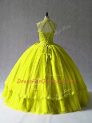 Modest Ball Gowns Quinceanera Dress Yellow Green Halter Top Tulle Sleeveless Floor Length Lace Up
