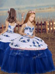 Blue Sleeveless Embroidery Floor Length High School Pageant Dress