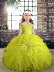 Straps Sleeveless Lace Up Pageant Dress for Womens Yellow Green Tulle