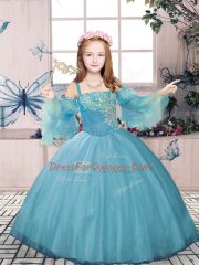 Straps Sleeveless Lace Up Kids Formal Wear Blue Tulle