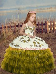 Sleeveless Floor Length Embroidery and Ruffles Lace Up Custom Made Pageant Dress with Olive Green