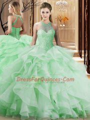 Traditional Apple Green Organza Lace Up Halter Top Sleeveless Quinceanera Gown Brush Train Beading and Ruffles