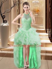 Traditional Apple Green Organza Lace Up Halter Top Sleeveless Quinceanera Gown Brush Train Beading and Ruffles