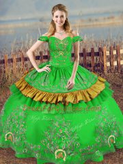 Ideal Sleeveless Floor Length Embroidery Lace Up Quince Ball Gowns with Green