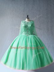 Fabulous Apple Green Ball Gowns Scoop Long Sleeves Tulle Floor Length Lace Up Beading Quince Ball Gowns