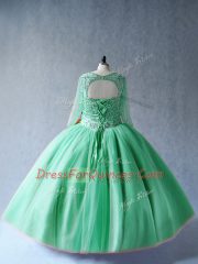 Fabulous Apple Green Ball Gowns Scoop Long Sleeves Tulle Floor Length Lace Up Beading Quince Ball Gowns