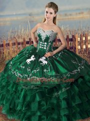 High Class Green Ball Gowns Organza Sweetheart Sleeveless Embroidery and Ruffles Floor Length Lace Up Quinceanera Gowns