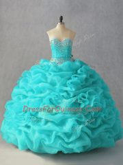 Aqua Blue Sleeveless Beading and Pick Ups and Hand Made Flower Floor Length Quinceanera Gowns