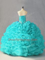 Aqua Blue Sleeveless Beading and Pick Ups and Hand Made Flower Floor Length Quinceanera Gowns