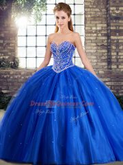 Comfortable Sweetheart Sleeveless Tulle Quince Ball Gowns Beading Brush Train Lace Up
