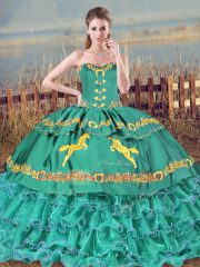Glittering Sweetheart Sleeveless Satin Quinceanera Dress Embroidery and Ruffled Layers Lace Up