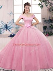 Decent Rose Pink Short Sleeves Lace and Hand Made Flower Floor Length Quinceanera Gowns