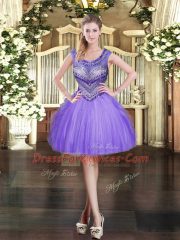 Sleeveless Tulle Mini Length Zipper Prom Dresses in Lavender with Beading and Ruffles