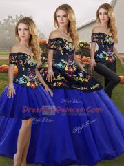 Royal Blue Three Pieces Embroidery Sweet 16 Quinceanera Dress Lace Up Tulle Sleeveless Floor Length