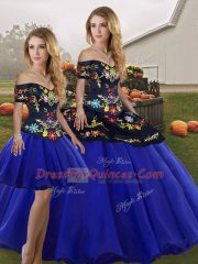 Royal Blue Three Pieces Embroidery Sweet 16 Quinceanera Dress Lace Up Tulle Sleeveless Floor Length