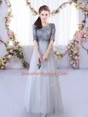 Noble Grey Tulle Lace Up Dama Dress Half Sleeves Floor Length Appliques