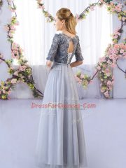 Noble Grey Tulle Lace Up Dama Dress Half Sleeves Floor Length Appliques
