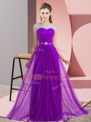 Fantastic Floor Length Purple Dama Dress for Quinceanera Chiffon Sleeveless Beading