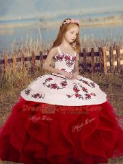 Wine Red Ball Gowns Straps Sleeveless Embroidery and Ruffles Floor Length Lace Up Little Girls Pageant Gowns