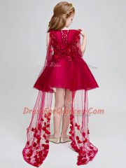 Wine Red Sleeveless Watteau Train Hand Made Flower Flower Girl Dress