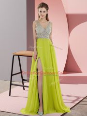 Custom Design Yellow Green Empire Chiffon V-neck Sleeveless Beading Zipper Prom Dresses Sweep Train