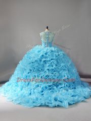 Fabric With Rolling Flowers Straps Sleeveless Court Train Zipper Beading and Ruffles Quinceanera Gowns in Baby Blue