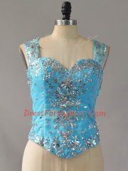 Fabric With Rolling Flowers Straps Sleeveless Court Train Zipper Beading and Ruffles Quinceanera Gowns in Baby Blue