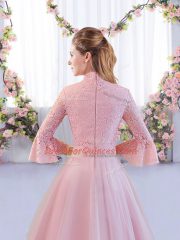 Pink High-neck Zipper Lace Quinceanera Dama Dress 3 4 Length Sleeve