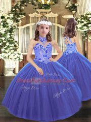 Appliques Little Girls Pageant Gowns Blue Lace Up Sleeveless Floor Length