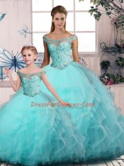 Discount Aqua Blue Off The Shoulder Neckline Embroidery and Ruffles Sweet 16 Dress Sleeveless Lace Up