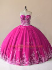 Embroidery Quinceanera Gown Fuchsia Lace Up Sleeveless Floor Length