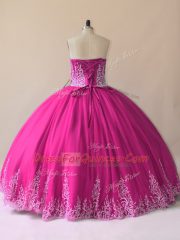 Embroidery Quinceanera Gown Fuchsia Lace Up Sleeveless Floor Length