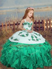 Turquoise Ball Gowns Organza Straps Sleeveless Embroidery and Ruffles Floor Length Lace Up Glitz Pageant Dress