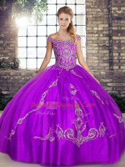 Custom Designed Purple Off The Shoulder Neckline Beading and Embroidery Sweet 16 Dress Sleeveless Lace Up