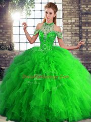 Flirting Green Ball Gowns Halter Top Sleeveless Tulle Floor Length Lace Up Beading and Ruffles 15th Birthday Dress