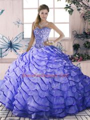 Lavender Sleeveless Organza Brush Train Lace Up Ball Gown Prom Dress for Sweet 16 and Quinceanera